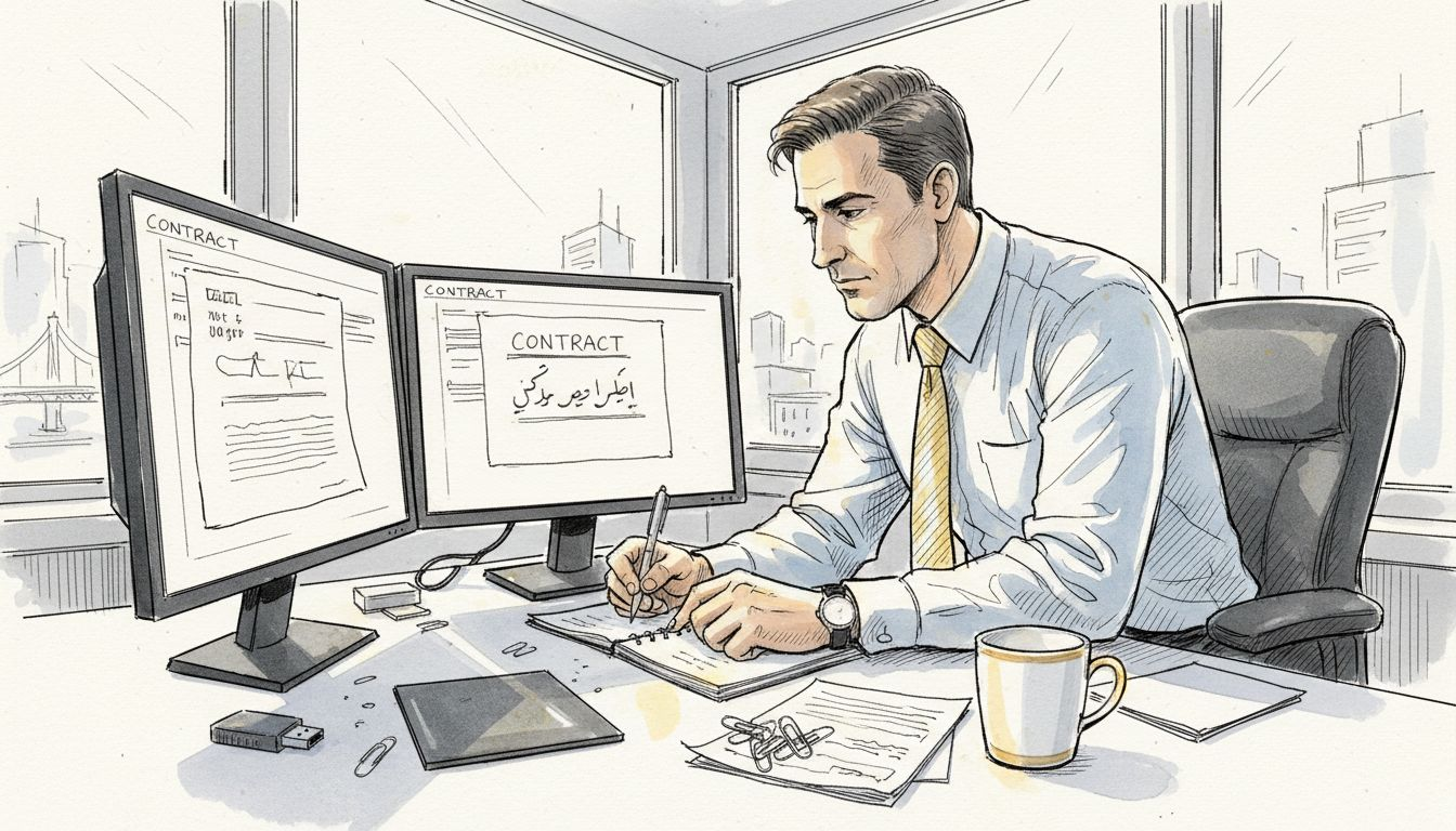 Compliance manager reviewing translated documents in sunlit office