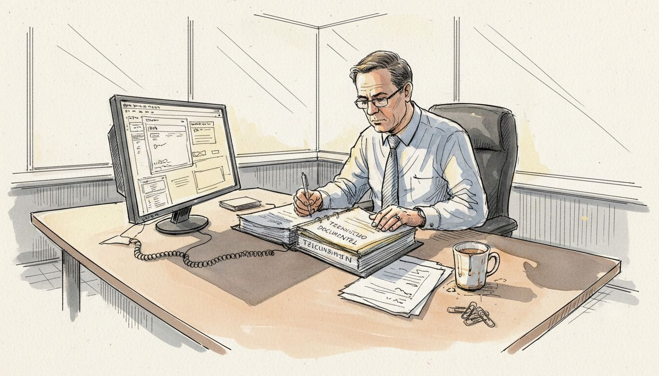 Een man zit op kantoor aandachtig technische vertalingen door te nemen.