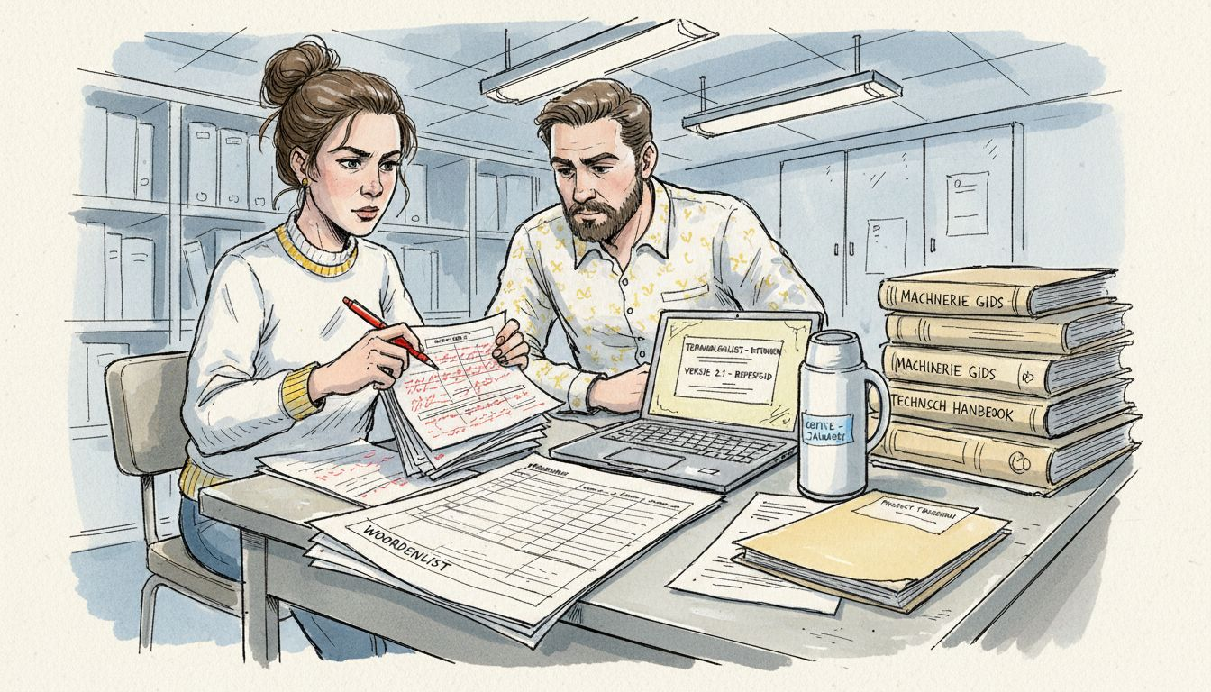 Technische vertalers controleren samen het terminologiebestand om te zorgen dat alle vaktermen kloppen en consequent worden gebruikt.