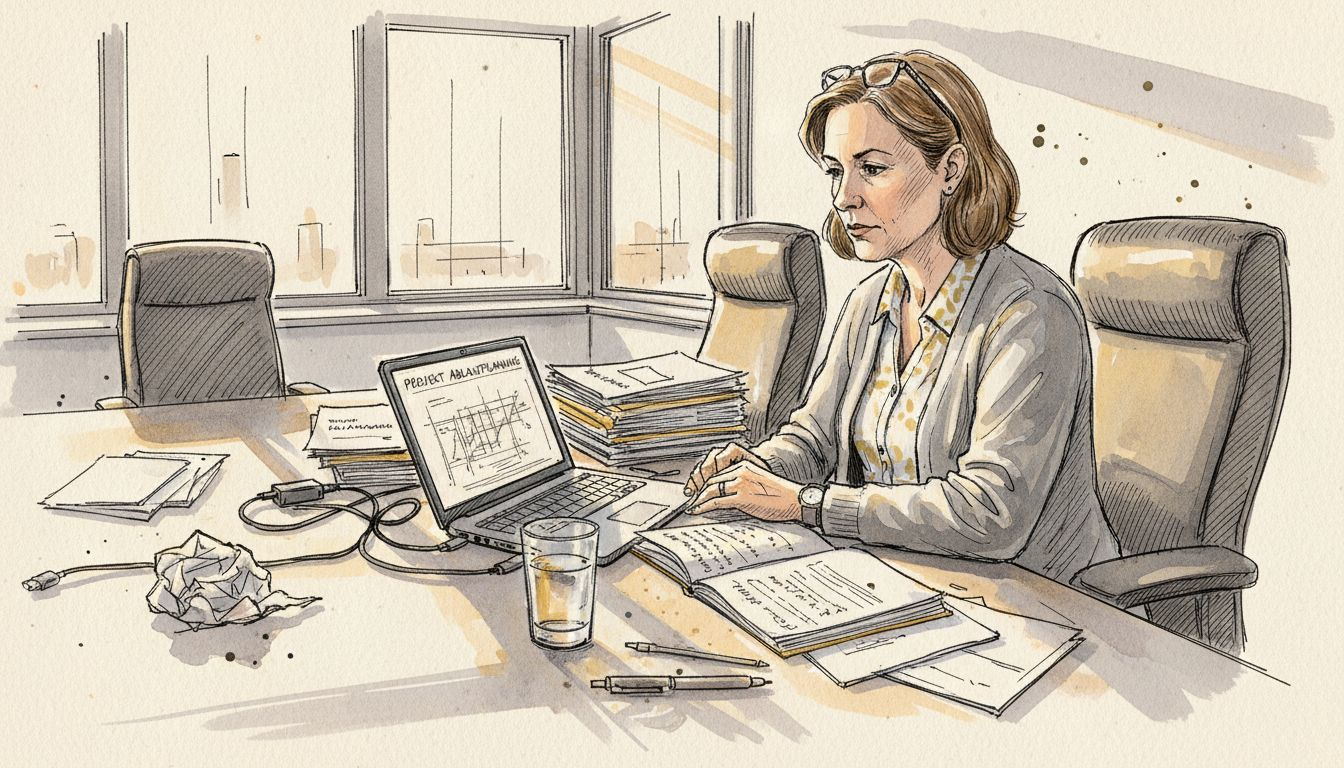 Ein Manager sitzt an seinem Schreibtisch und arbeitet konzentriert an technischen Unterlagen.