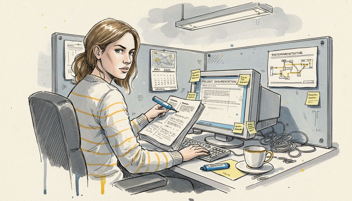 Ein technischer Redakteur prüft die Dokumentenstruktur direkt am Arbeitsplatz.