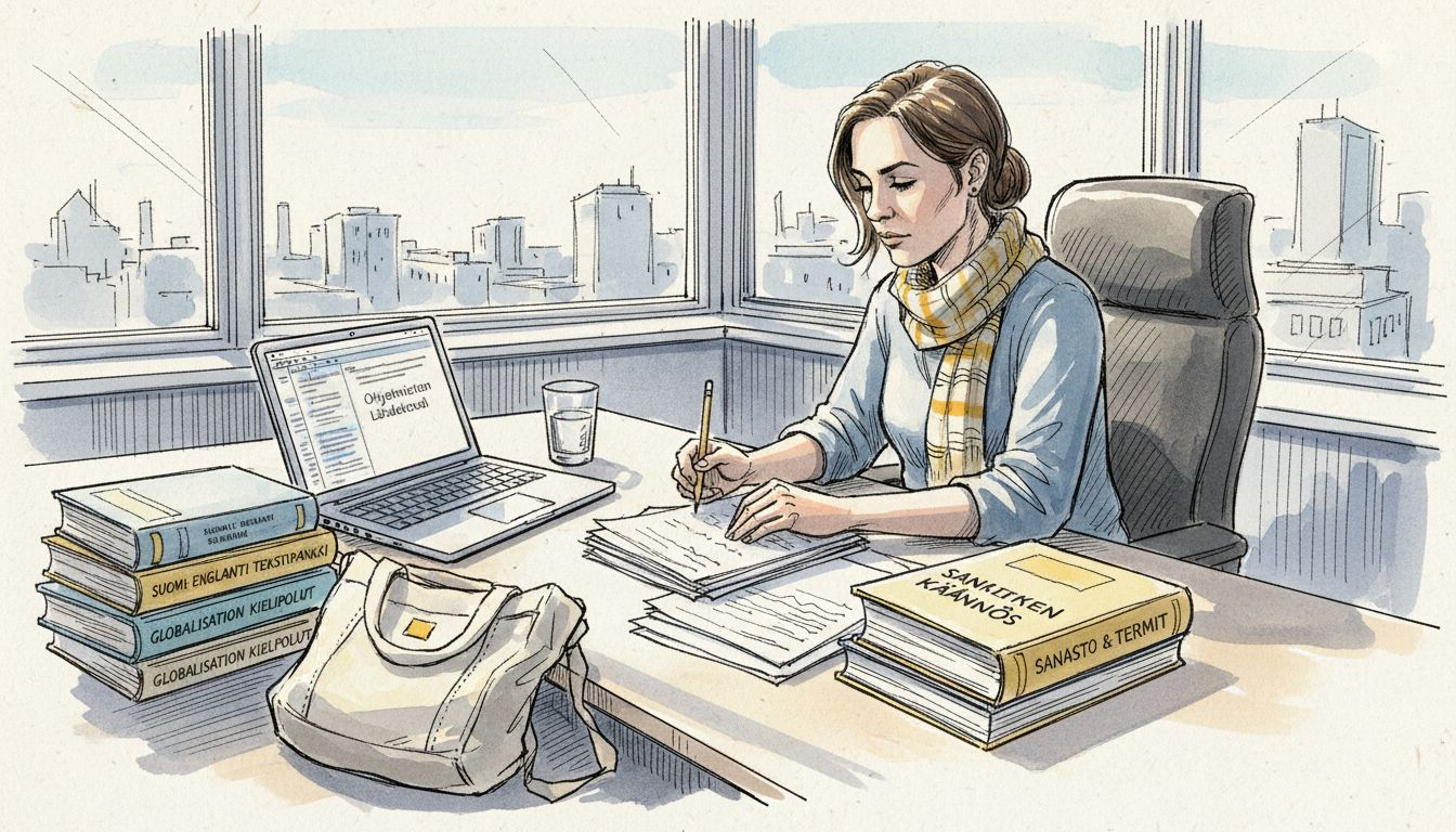 Ammattitaitoinen nainen työskentelee käännösasiakirjojen parissa.