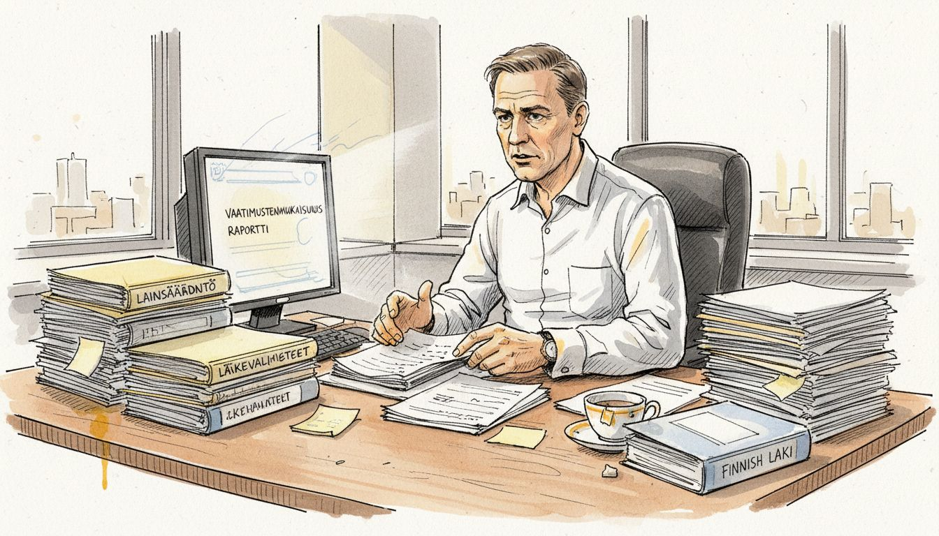 Mies järjestelee viranomaisasiakirjoja työpöydällään.