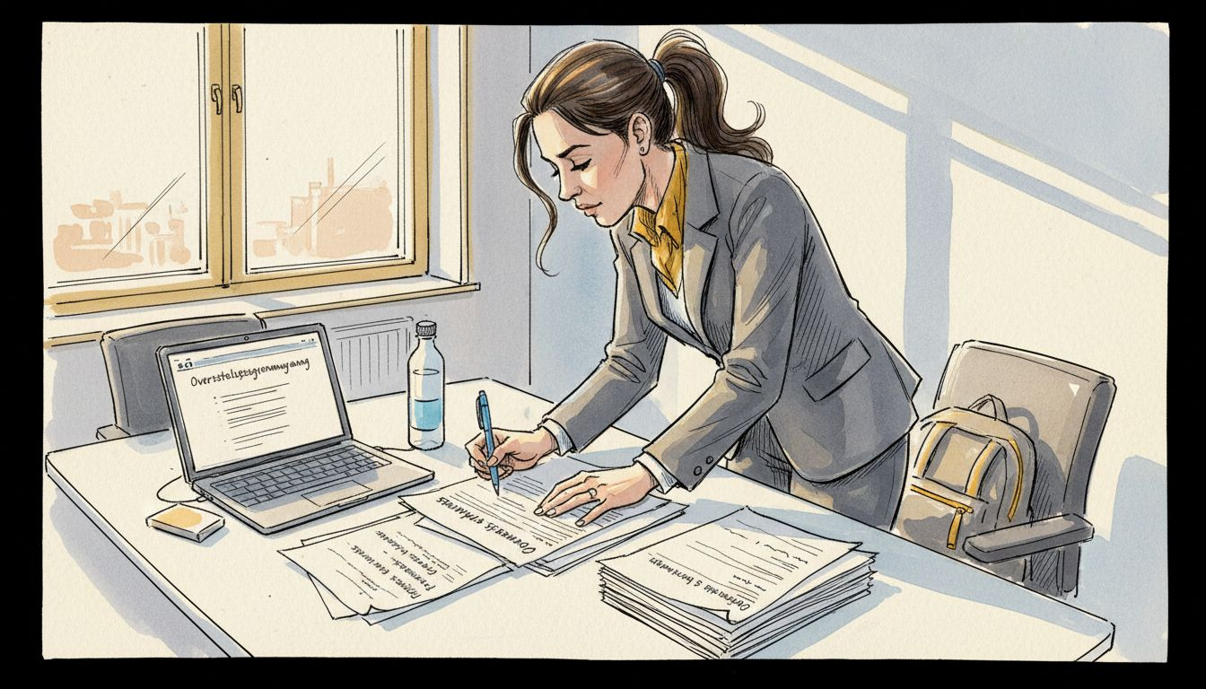 En leder går nøye gjennom oversettelser av farmasøytiske dokumenter på kontoret.