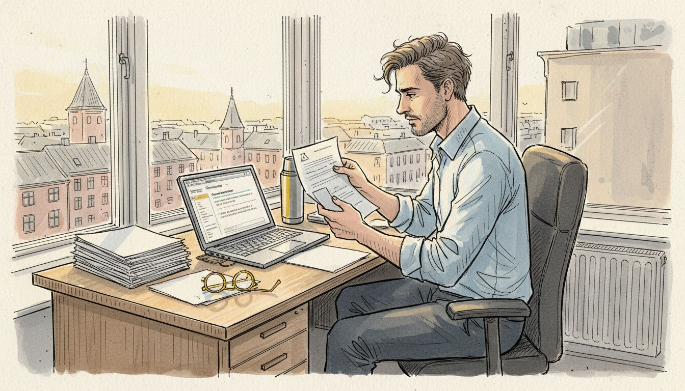 En mann sitter på kontoret sitt en solrik dag og går nøye gjennom oversettelser.