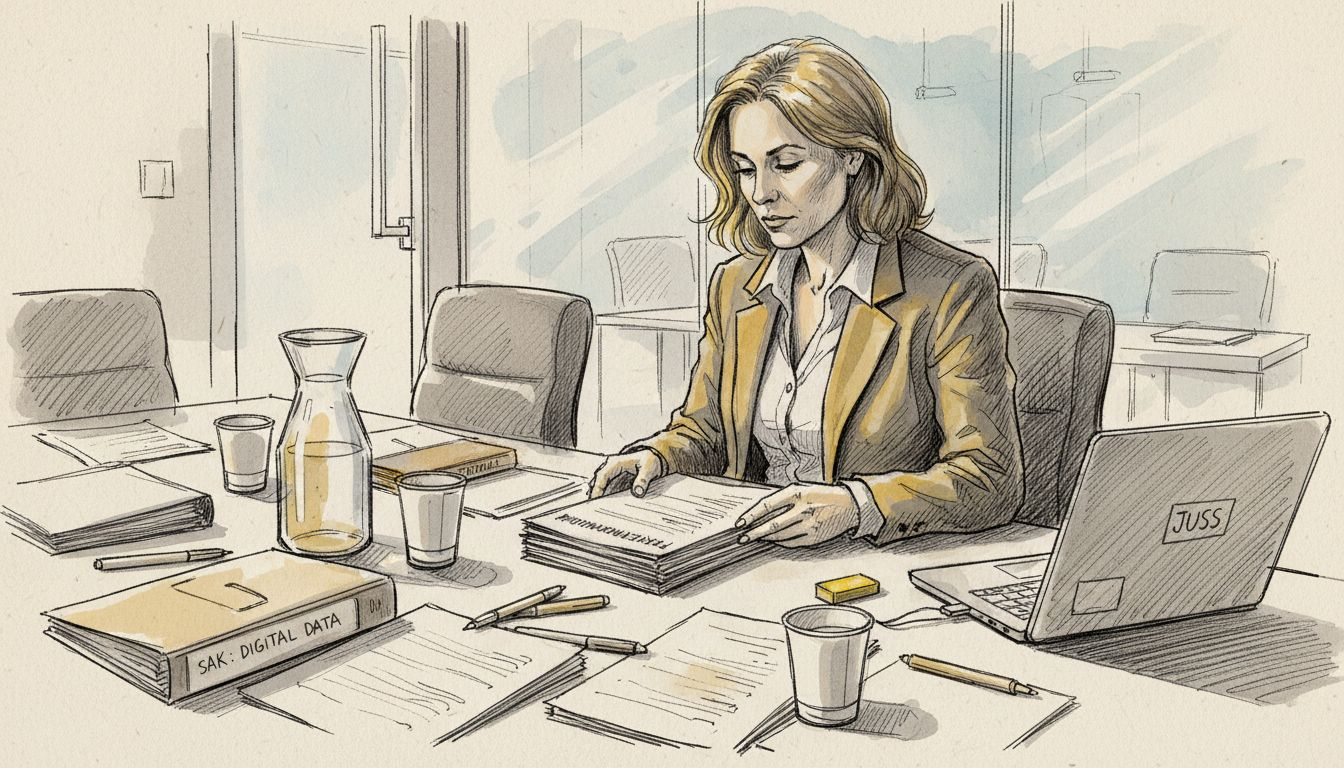 En kvinne sitter på kontoret og går nøye gjennom fortrolige dokumenter.