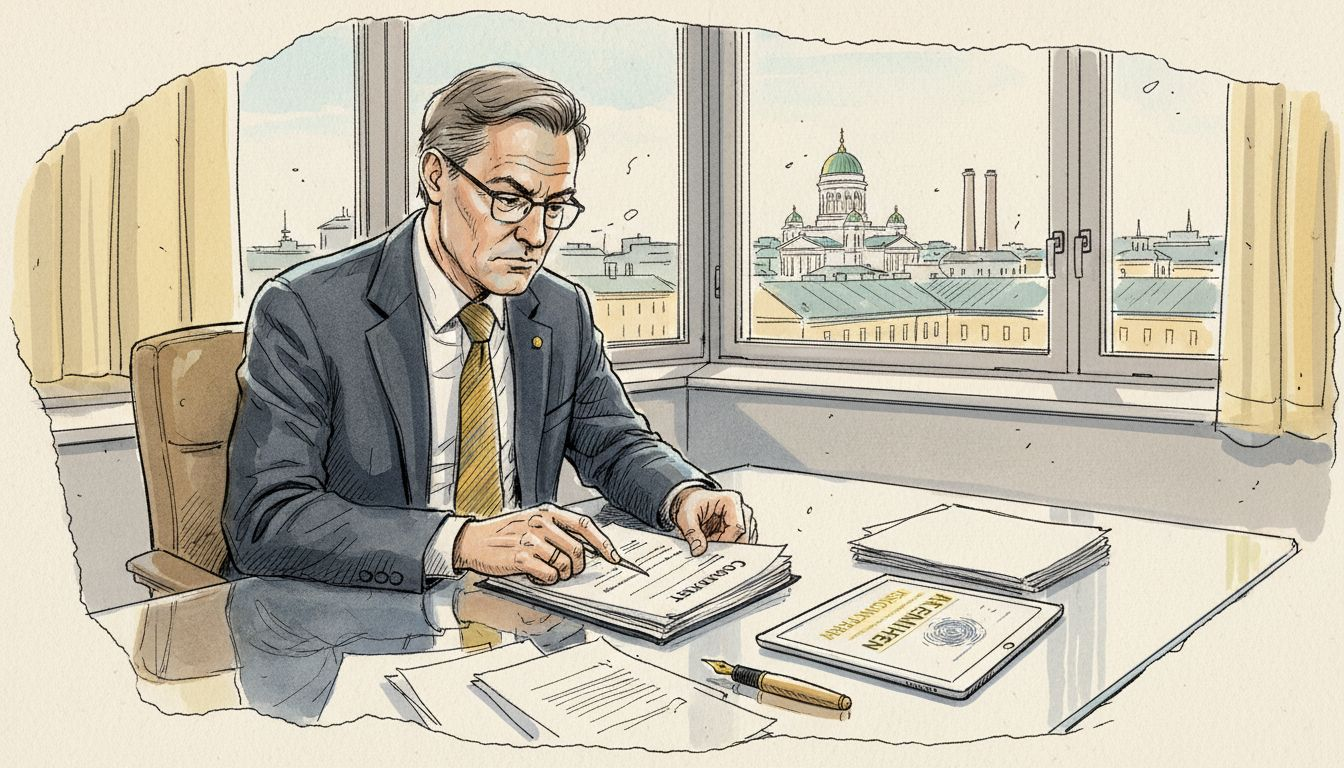 Johtaja käy läpi sopimuspapereita kulmahuoneessaan.