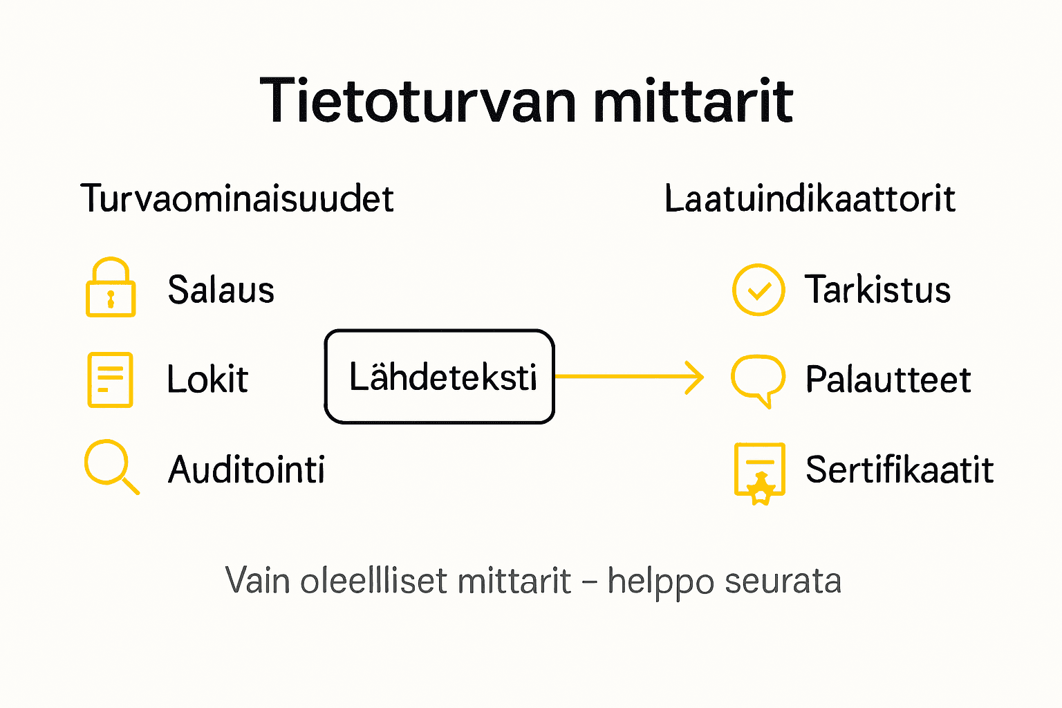 Kaavio, joka havainnollistaa käännösten tietoturvaa ja laatua mittaavia tunnuslukuja