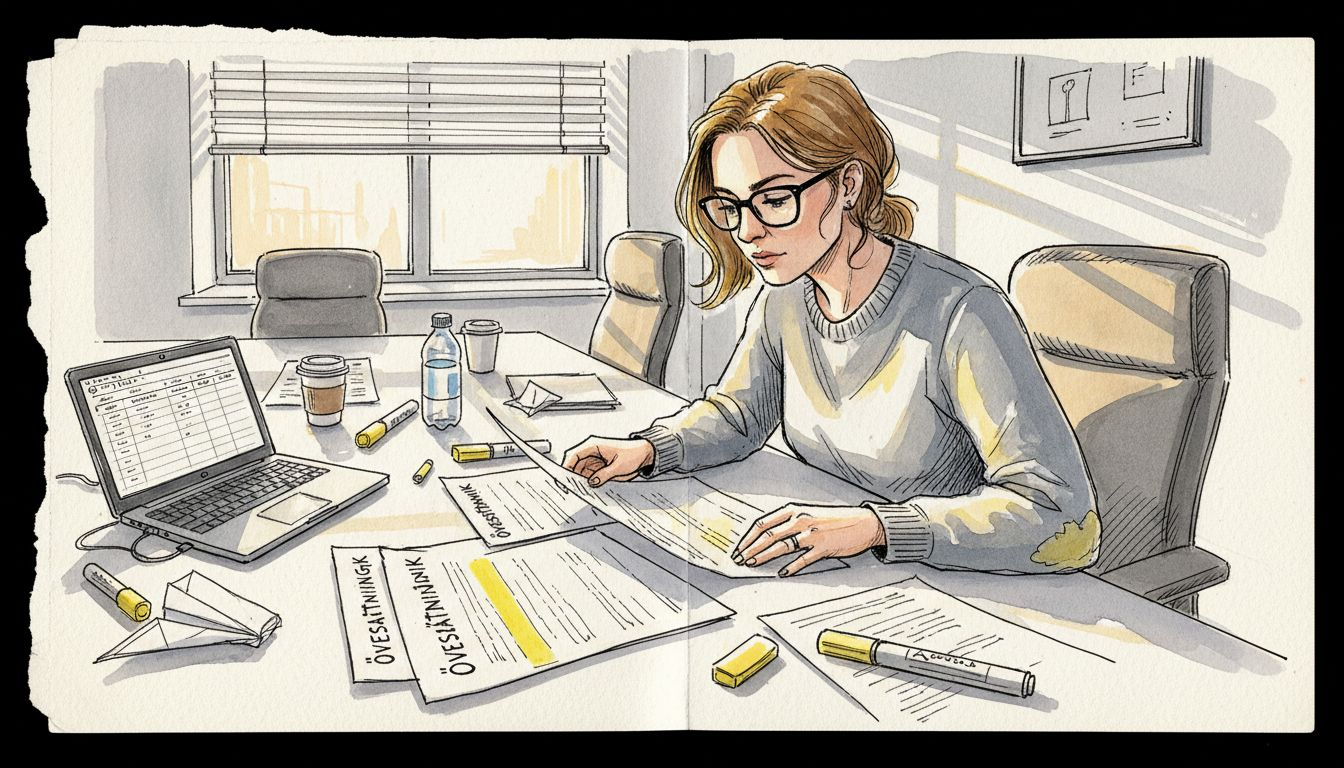 Kvinna granskar och jämför dokument om översättningsteknik