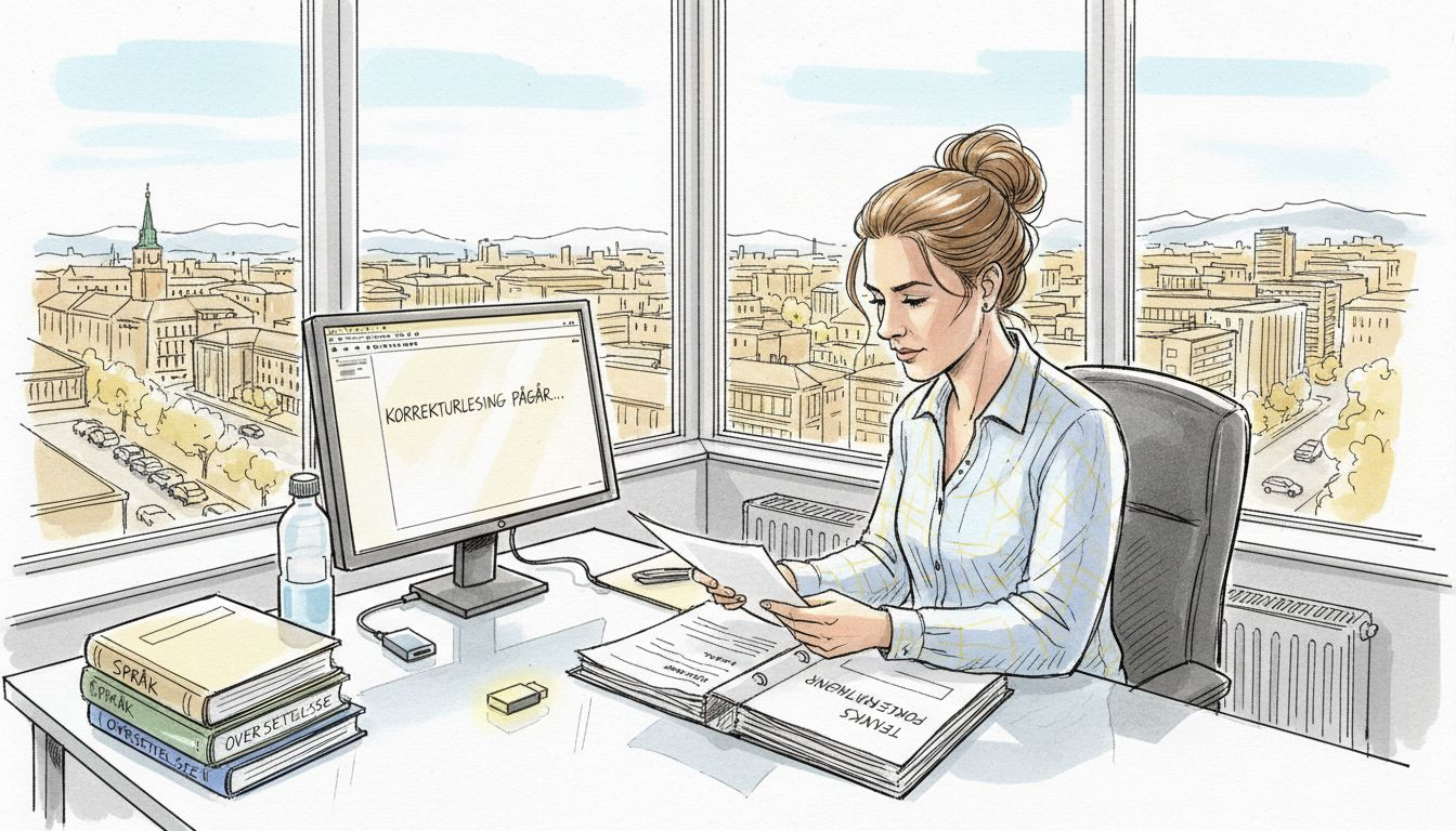 En oversetter går nøye gjennom dokumenter på et moderne kontor midt i byen.