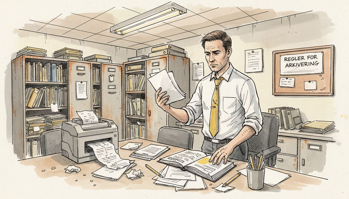En etterlevelsesansvarlig går gjennom dokumenter på arkivrommet.