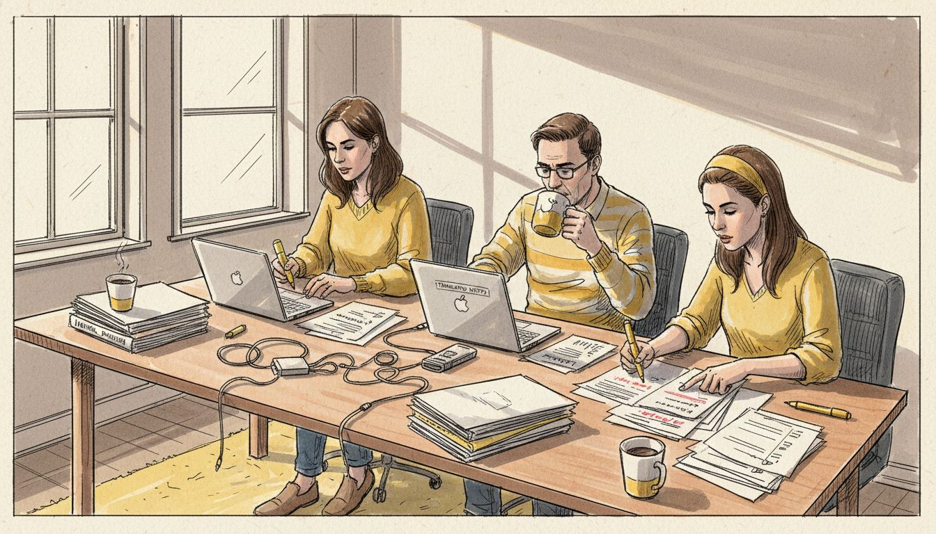 Translation team working on compliance documents