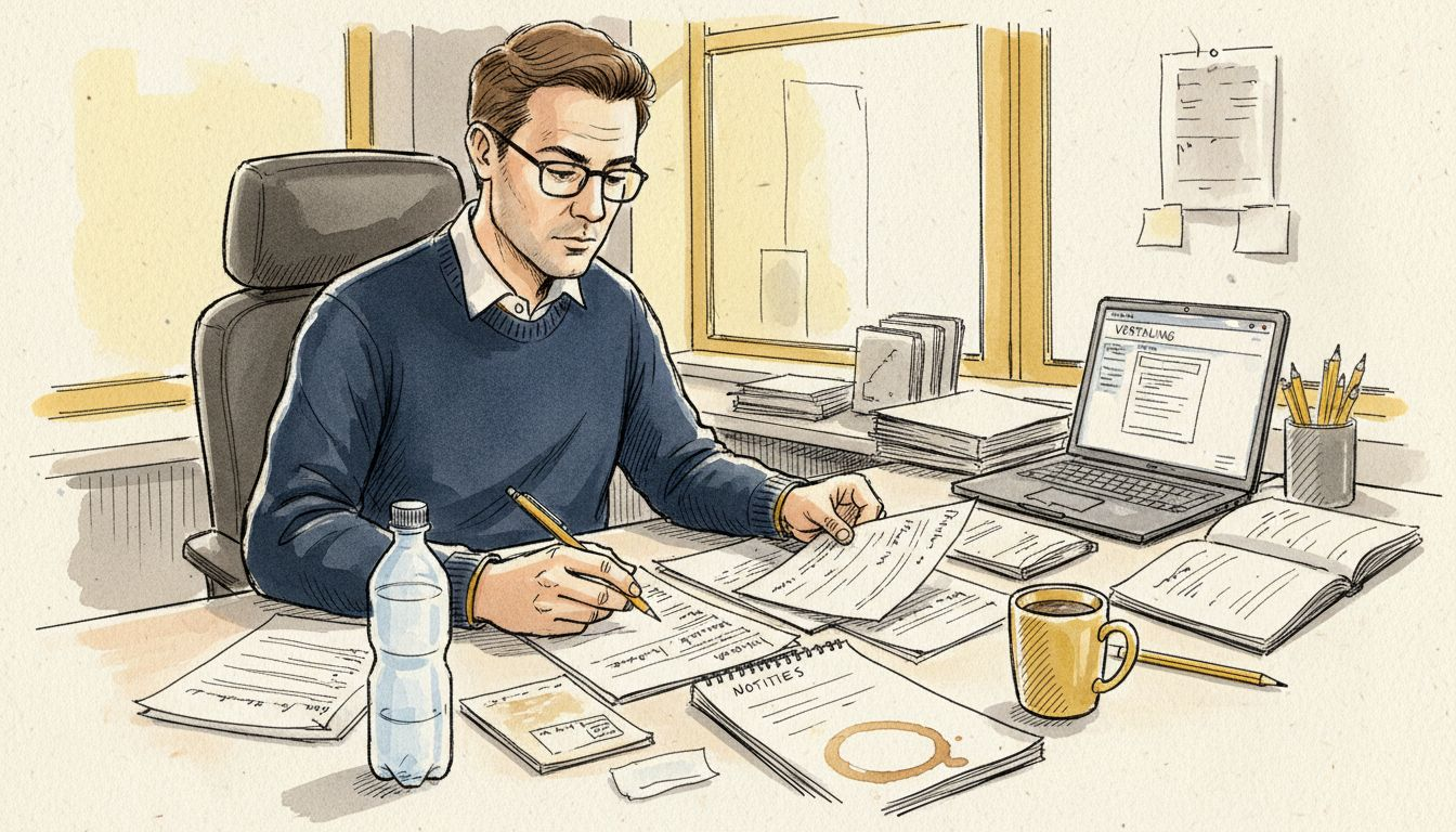 De vertaler bekijkt de werkprocessen aan zijn bureau.