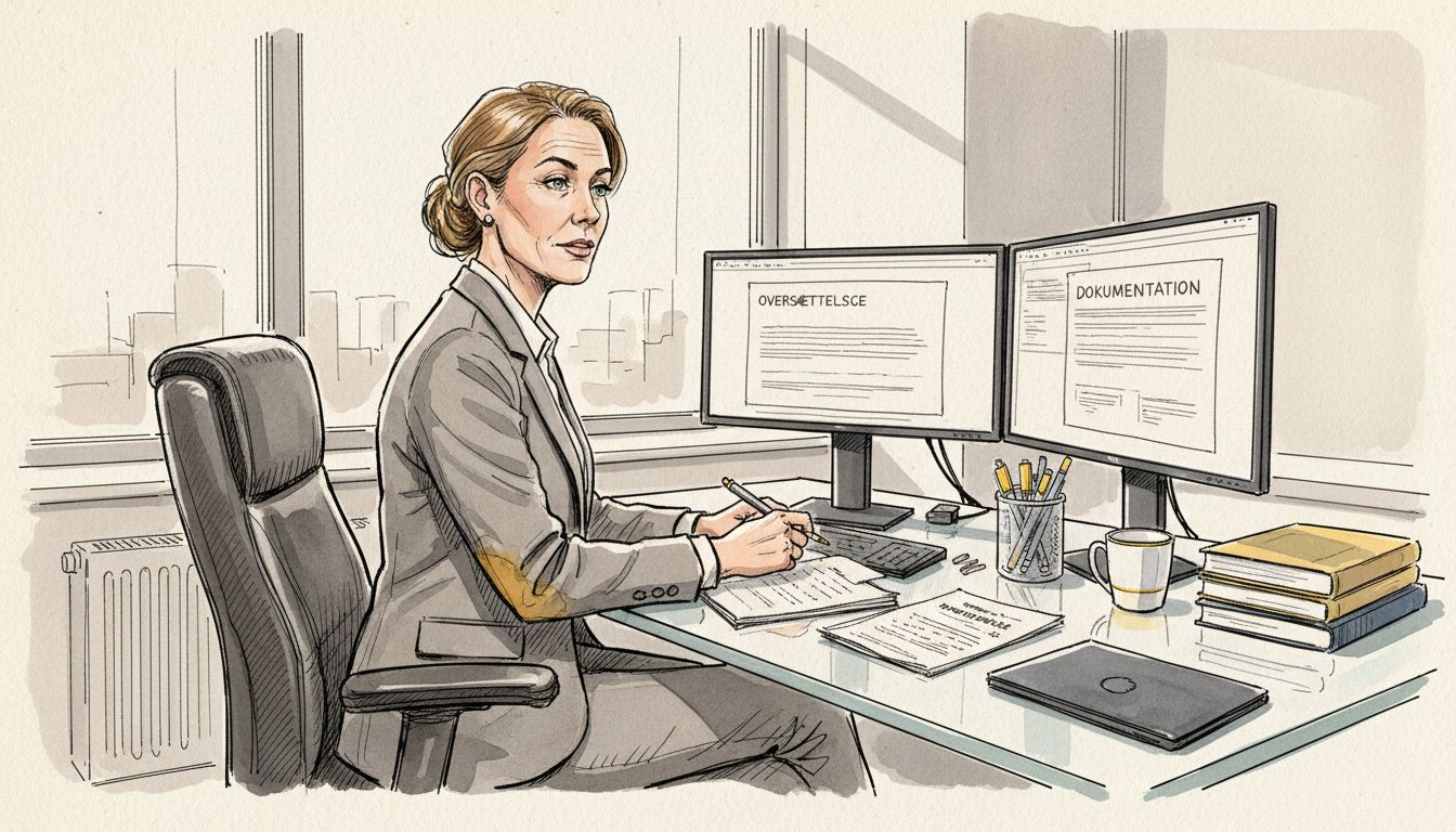 Compliance-medarbejderen gennemgår og sammenholder oversættelsesdokumenterne for at sikre, at alt stemmer overens.