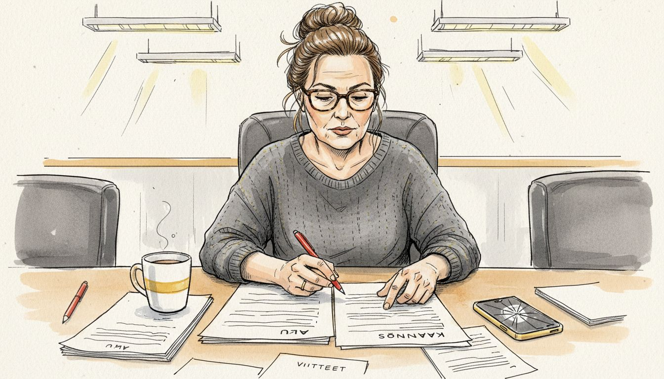 Nainen käy läpi käännösten laadun tarkistusdokumentteja.