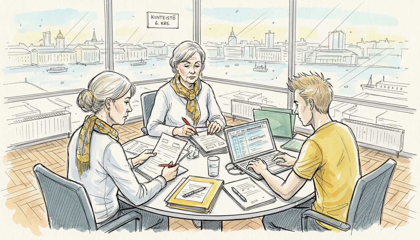 Käännöstiimi käy läpi asiakirjoja toimistolla