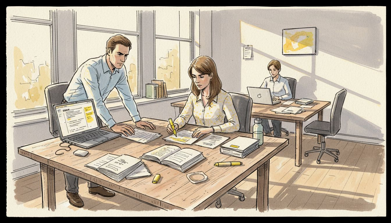 Translators collaborating in sunlit office