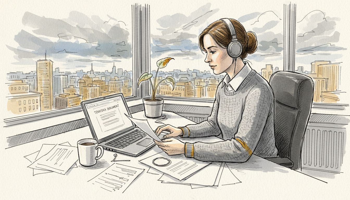 En kvinna sitter på sitt hörnkontor och går noggrant igenom tekniska dokument.