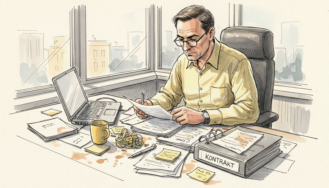 En jurist sitter och går igenom papper på sitt kontor med utsikt över staden.