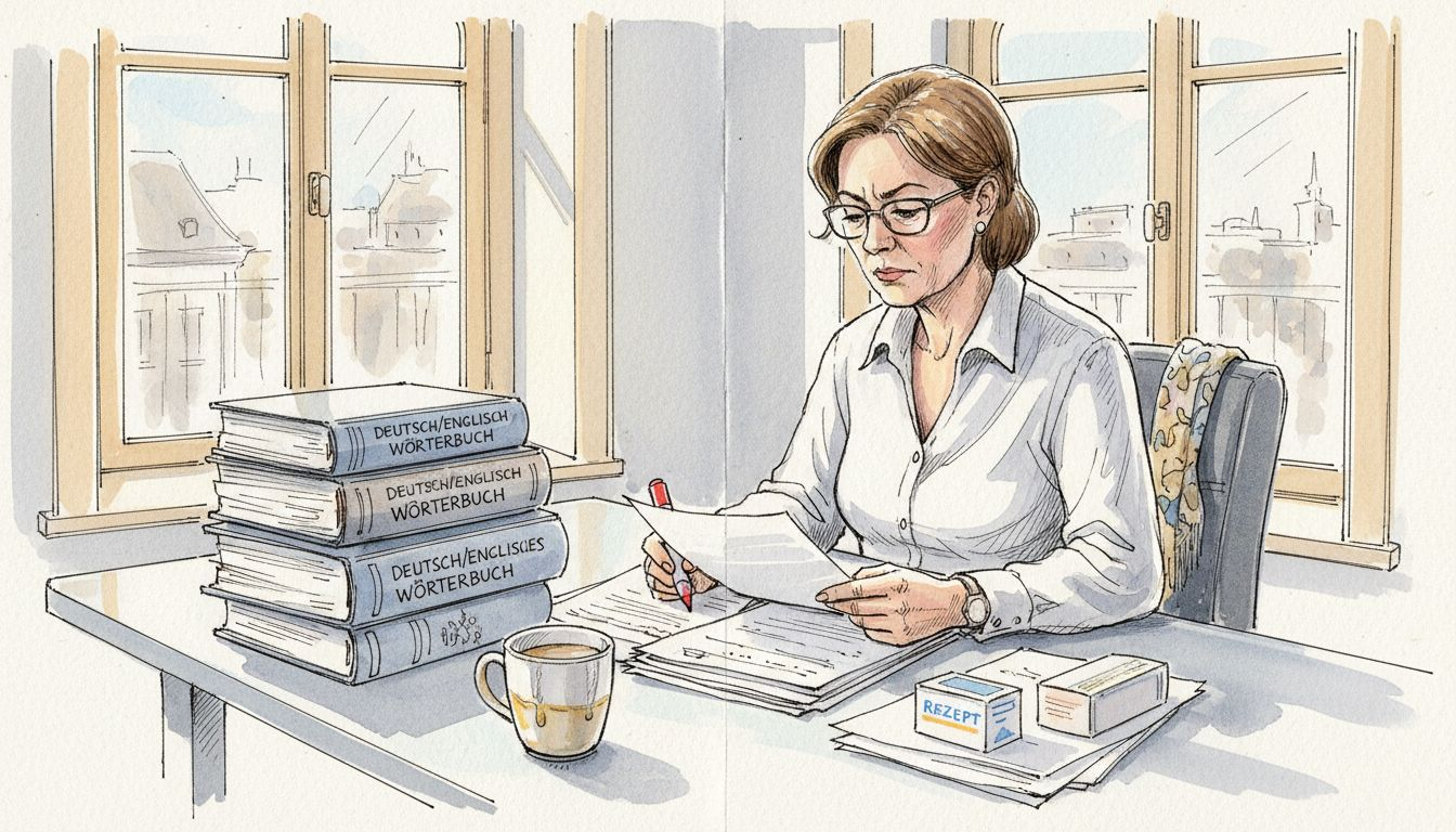 Eine spezialisierte Übersetzerin sichtet und bearbeitet medizinische Unterlagen an ihrem Arbeitsplatz.