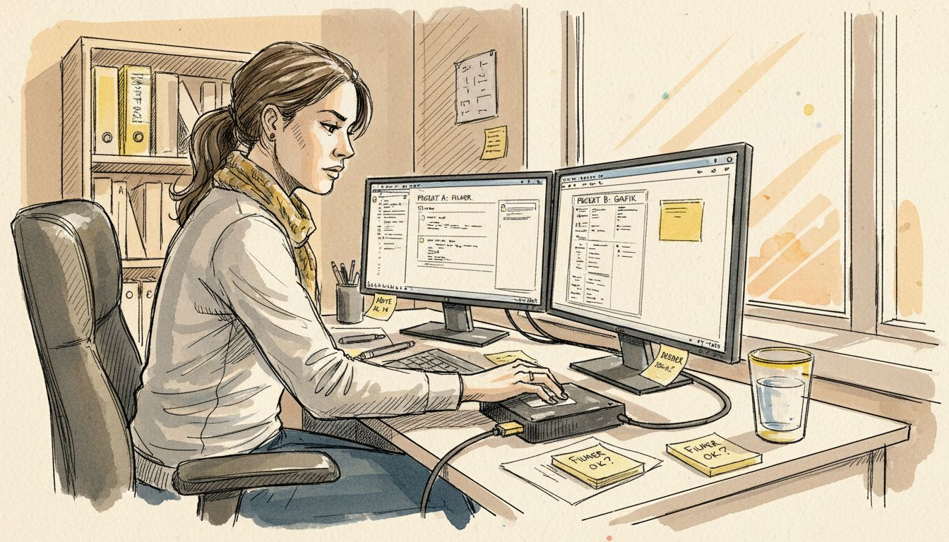 Projektledaren jobbar vid sitt skrivbord och använder översättningsminnet som stöd i arbetet.