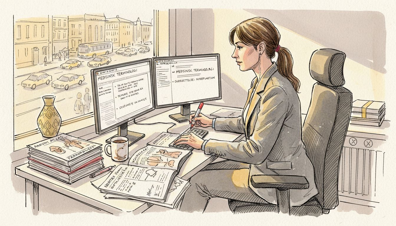 En kvinnelig oversetter sitter konsentrert ved pulten sin på kontoret og jobber.