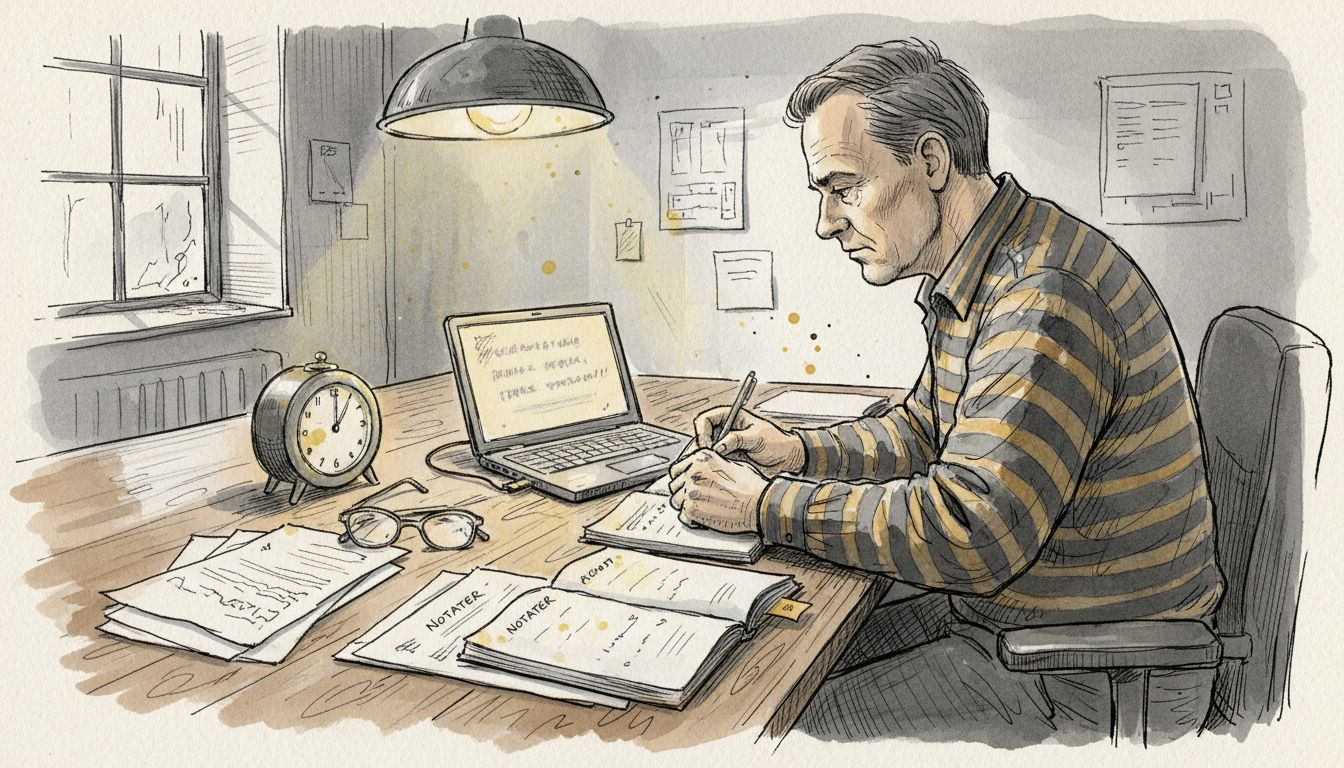 En lingvist sitter og jobber på PC ved et gammelt skrivebord.