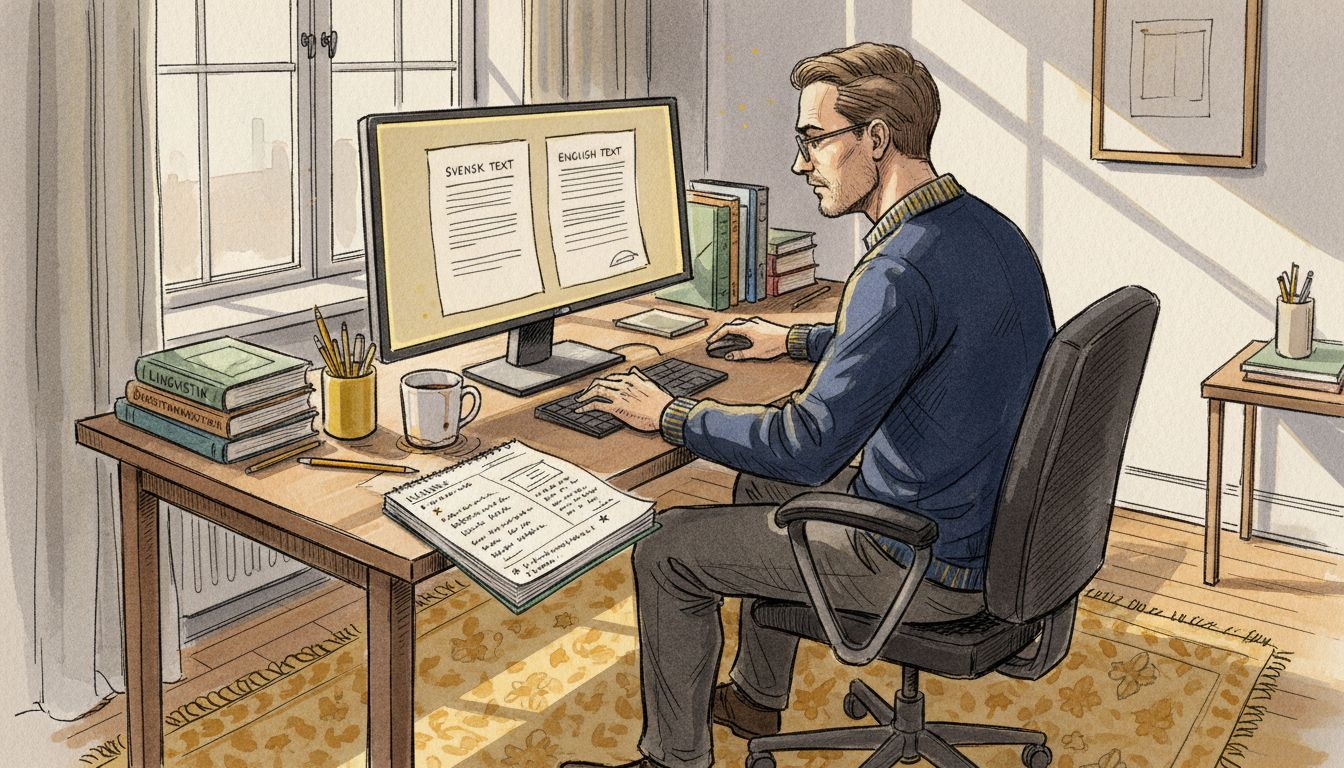 En översättare granskar en AI-genererad översättning vid skrivbordet.
