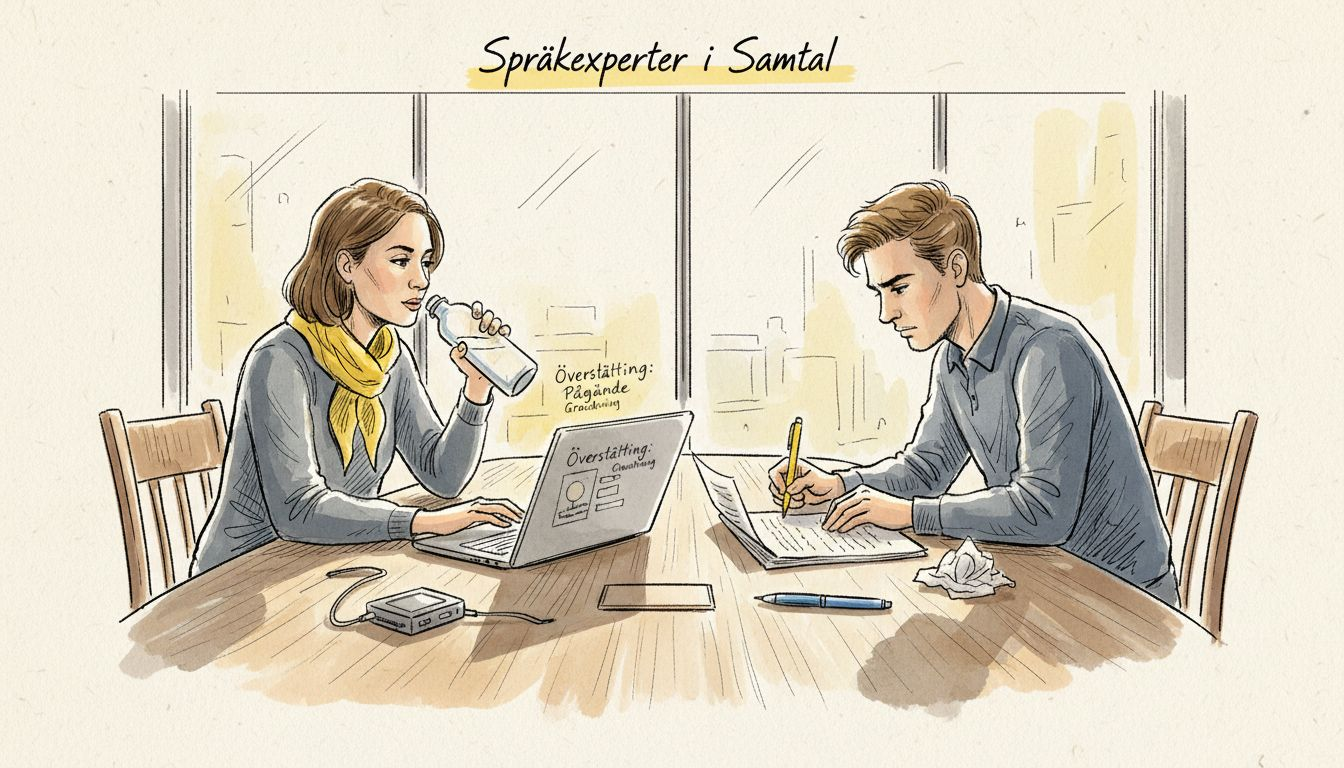 Två kollegor granskar tillsammans ändringar som gjorts med hjälp av AI-översättning.