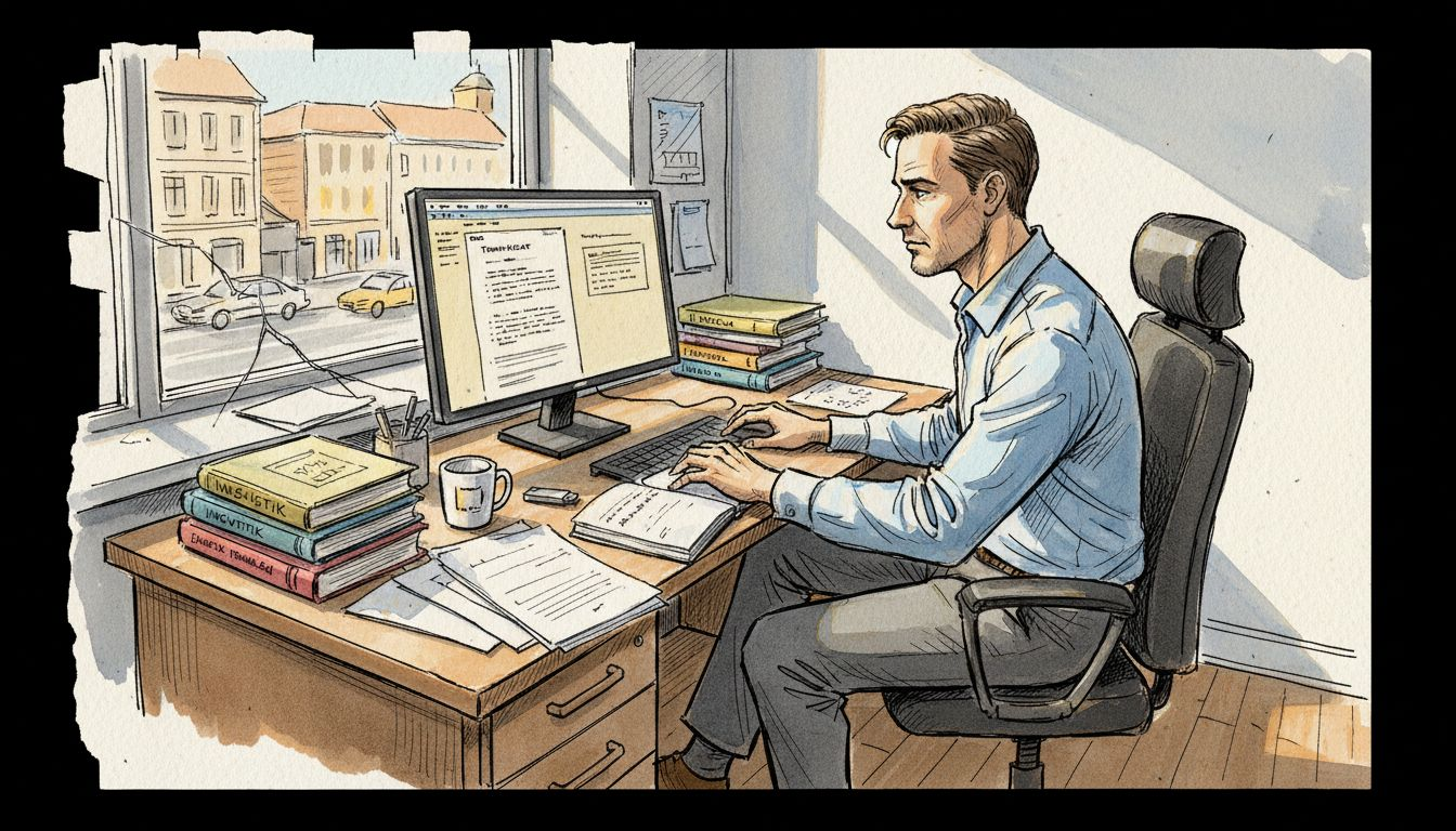 Oversætteren sidder begravet i papirer og noter ved sit rodede skrivebord.