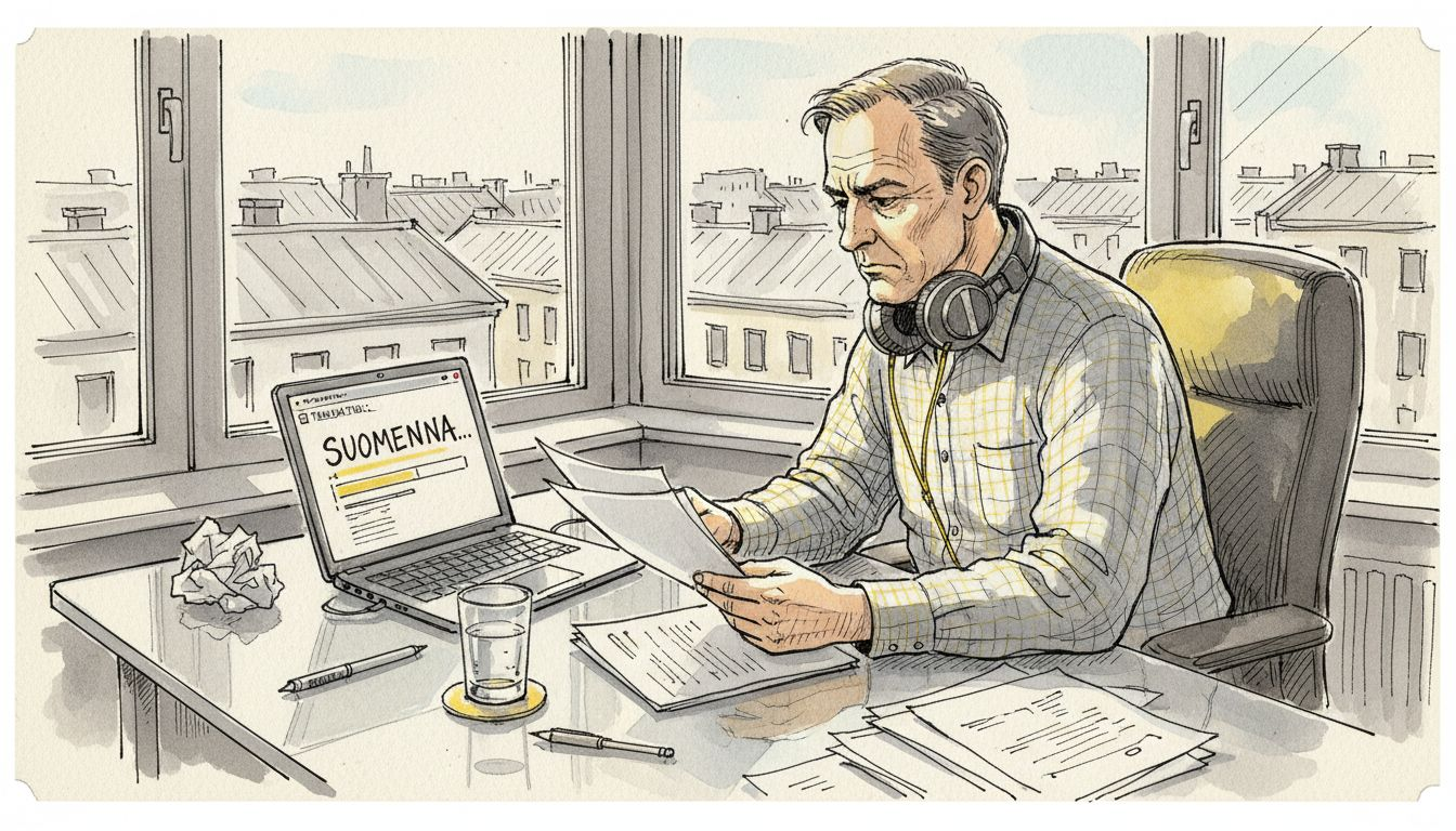 Kääntäjä työskentelee lasisen työpöydän ääressä kannettavan tietokoneen kanssa.