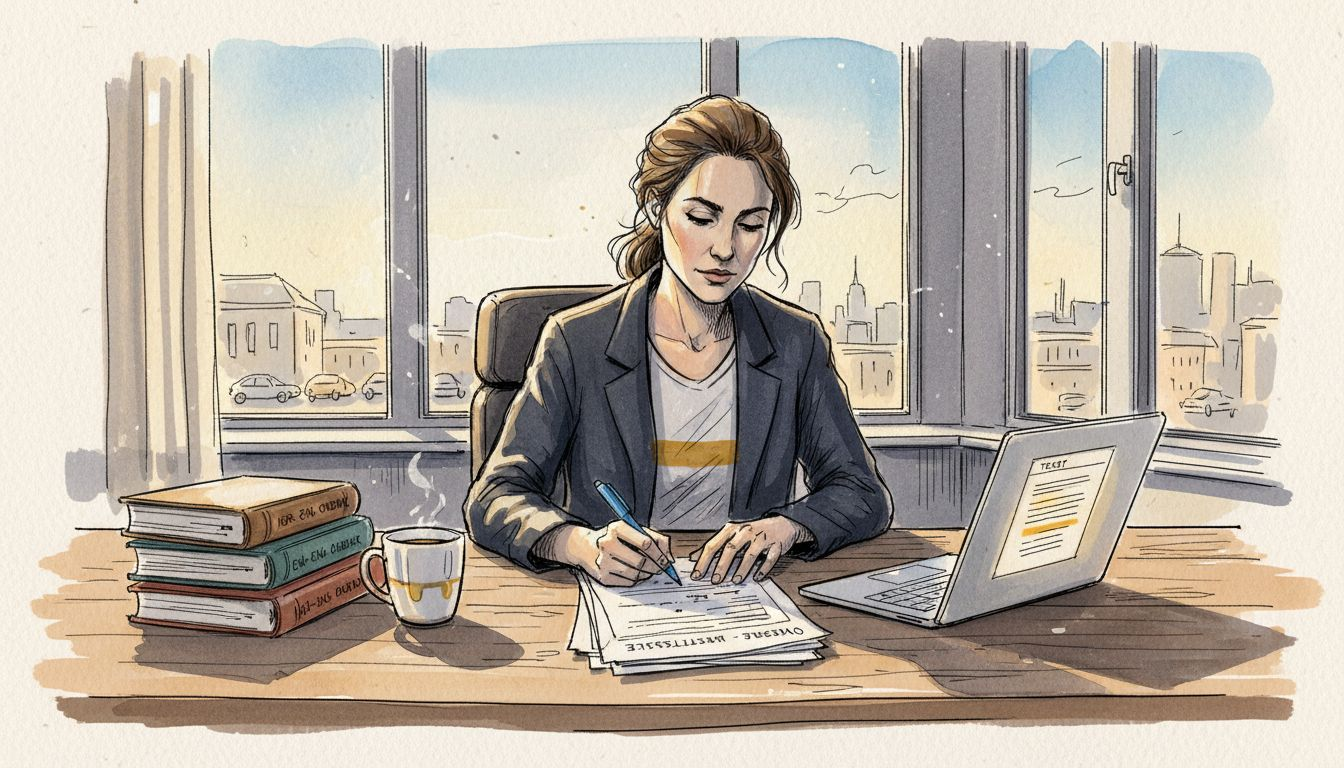 En oversetter sitter på et lyst kontor og markerer tekster som er laget av kunstig intelligens.