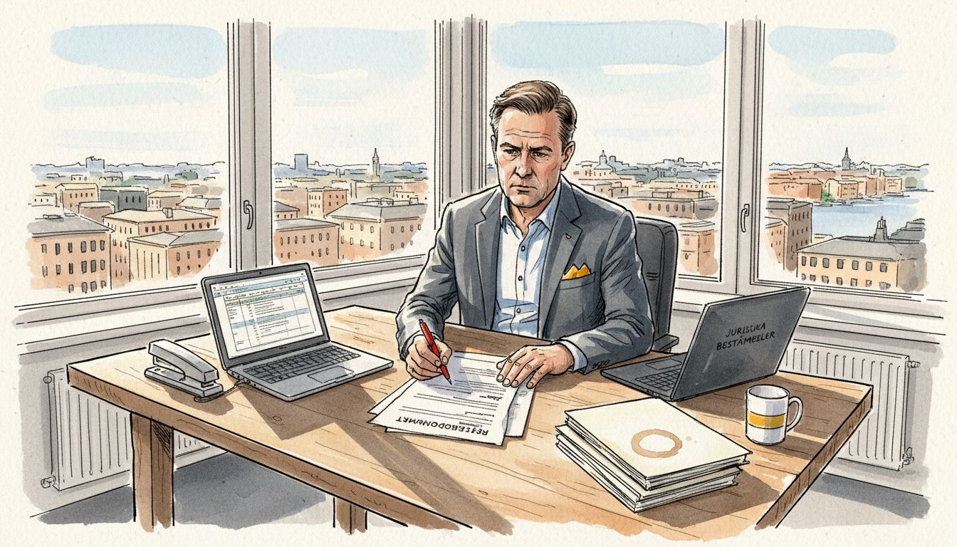 En chef går igenom myndighetsdokument på sitt kontor.