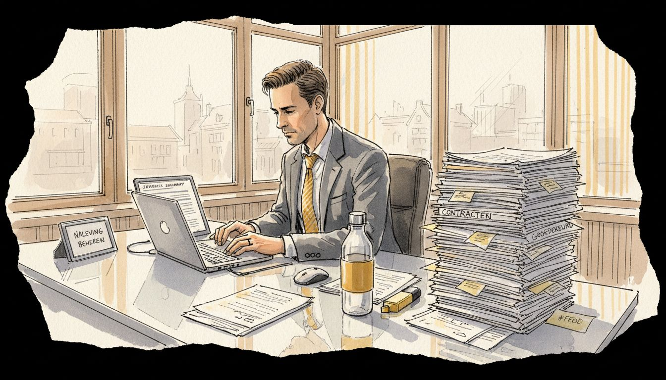 Een compliance manager kijkt nauwkeurig alle vertaalde documenten na op kantoor.