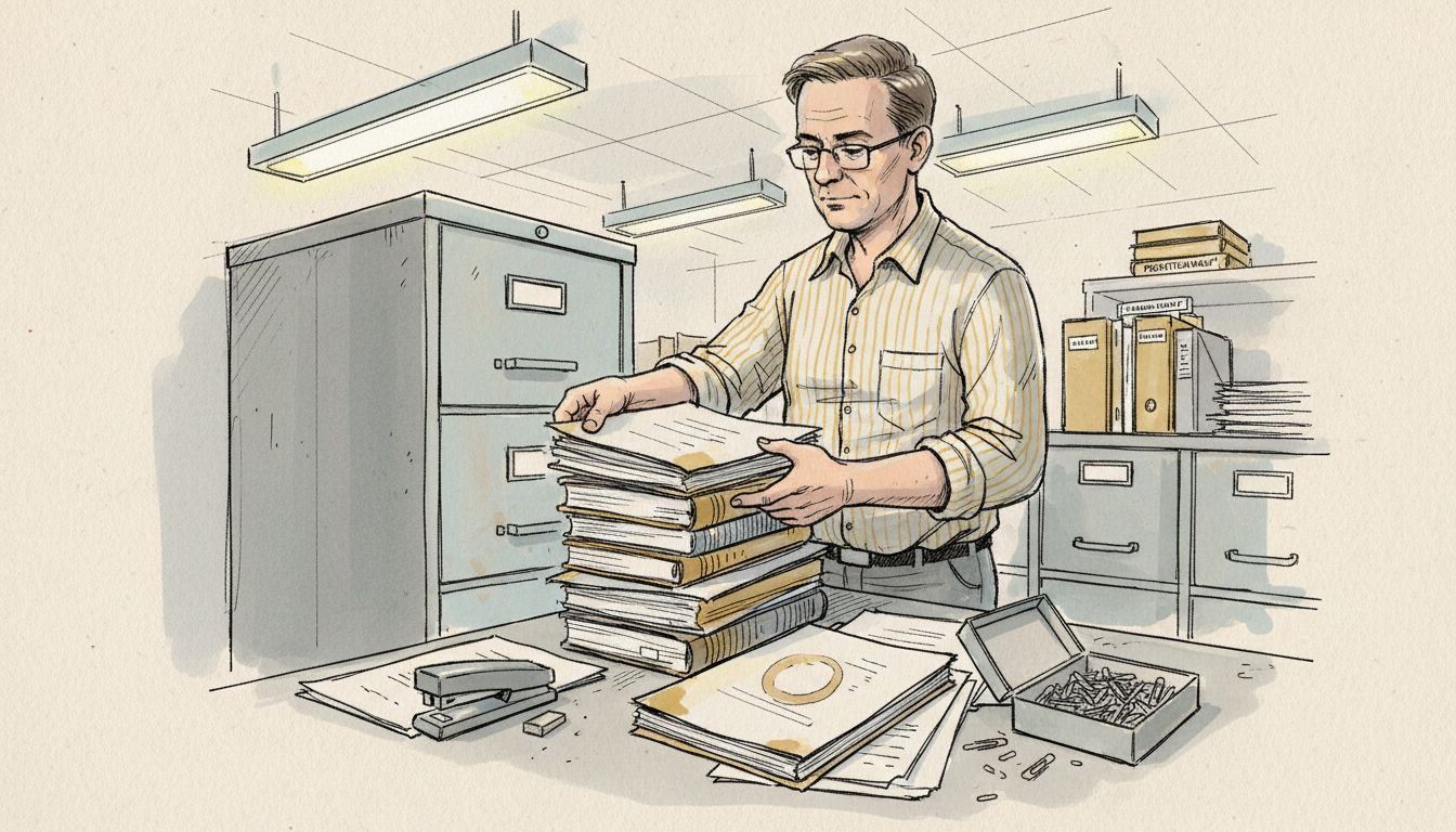 Koordinaattori järjestelee teknisiä asiakirjoja arkistossa.