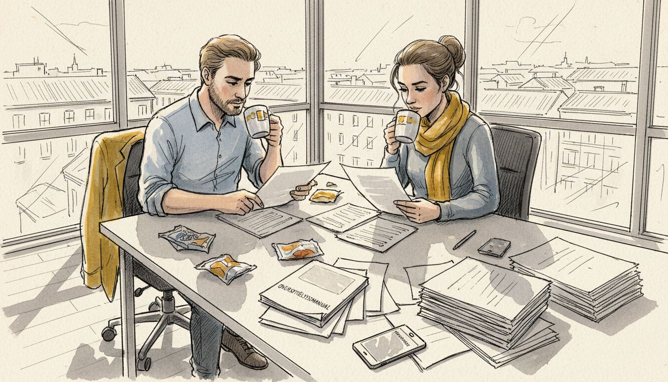 Oversættere sidder i hjørnekontoret og gennemgår dokumenter.