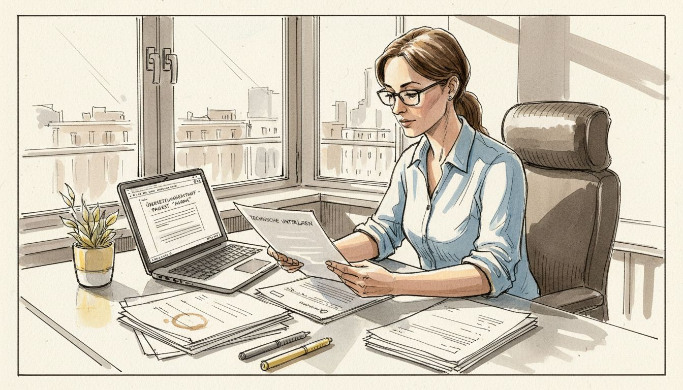 In einem lichtdurchfluteten Büro sitzt ein Übersetzer konzentriert am Schreibtisch und prüft sorgfältig verschiedene Dokumente.