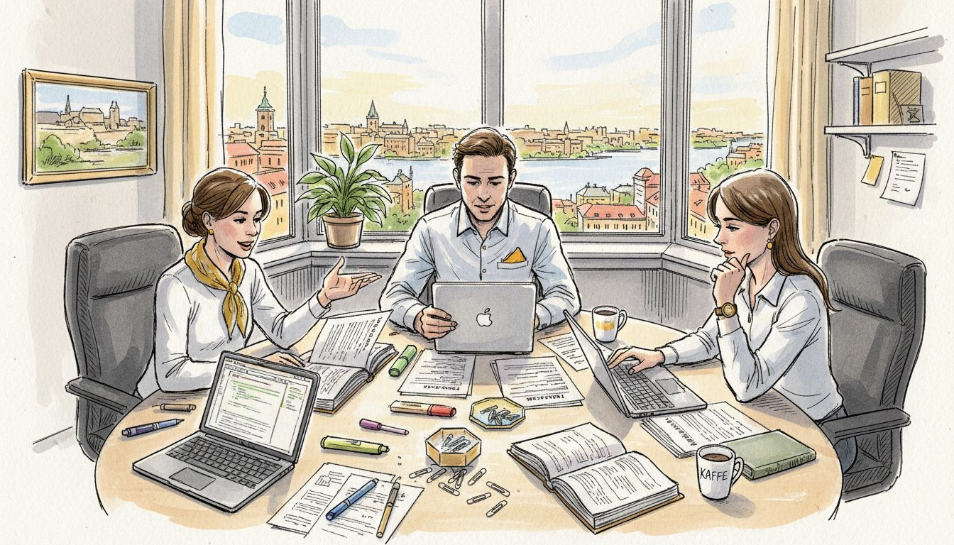 Projektledare sitter samlade runt ett bord och diskuterar utmaningar med teknisk översättning.