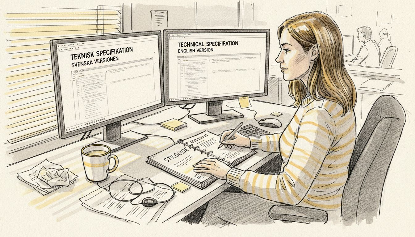 Översättaren sitter vid sitt skrivbord och granskar specifikationerna på två datorskärmar.