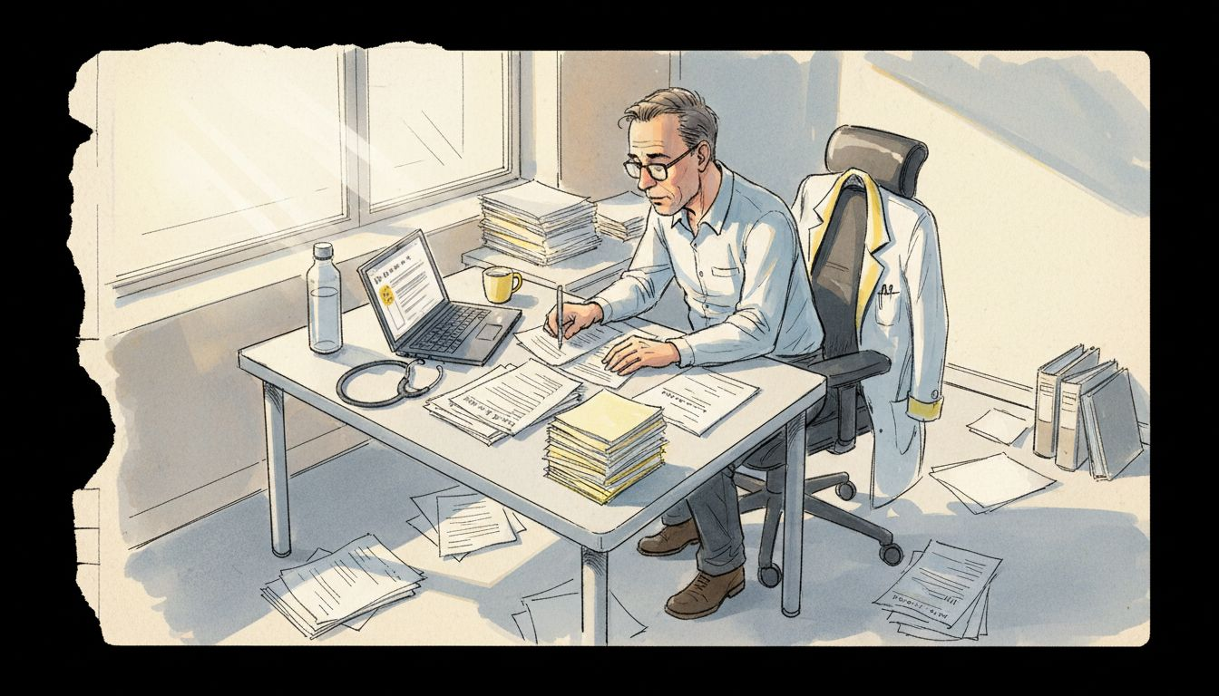 Een medisch vertaler werkt op het kantoor van het ziekenhuis.