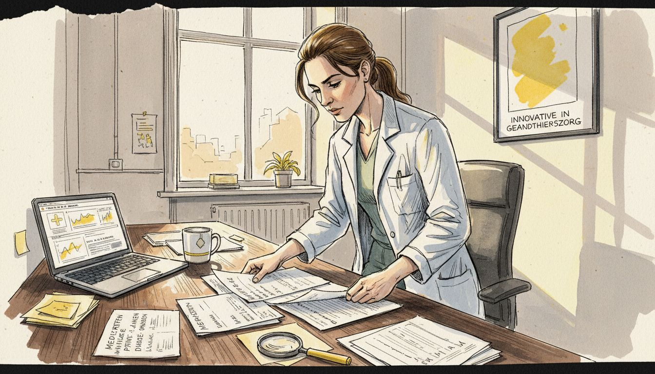 Een arts zit aan zijn bureau en neemt medische dossiers door.