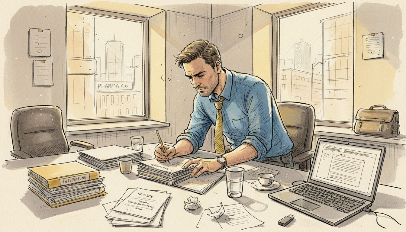 Ein Manager prüft Übersetzungen von pharmazeutischen Dokumenten auf Genauigkeit und Verständlichkeit.