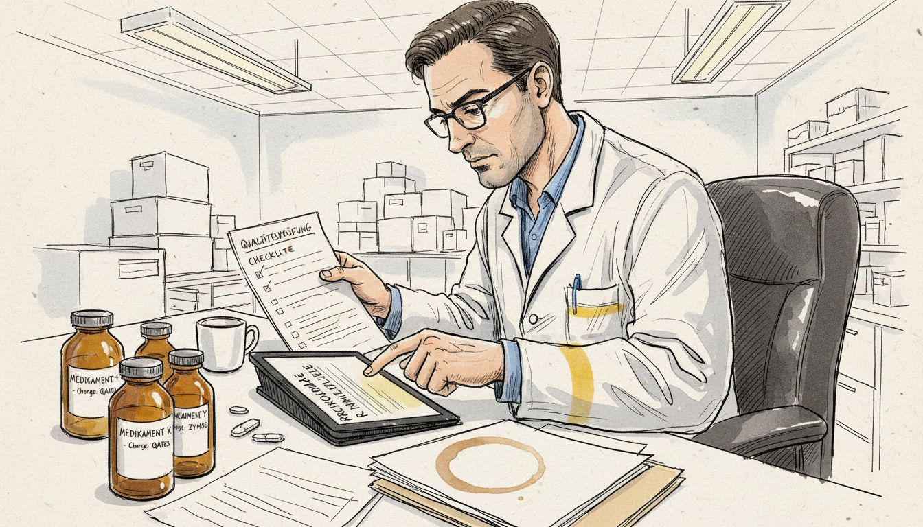 Ein Pharmaspezialist überprüft die Einhaltung der GMP-Richtlinien anhand einer Checkliste.