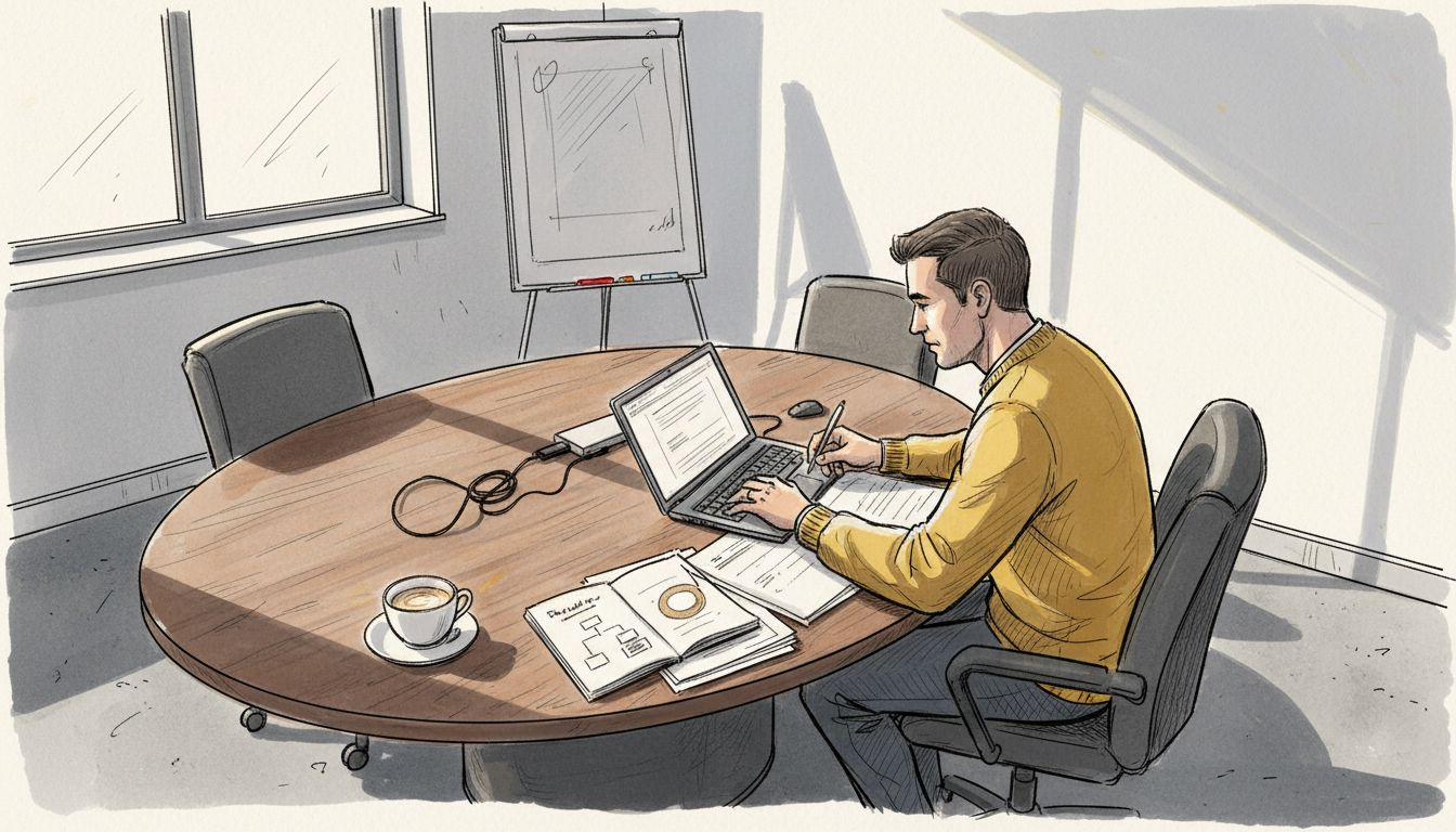 Project manager reviews translation at window desk