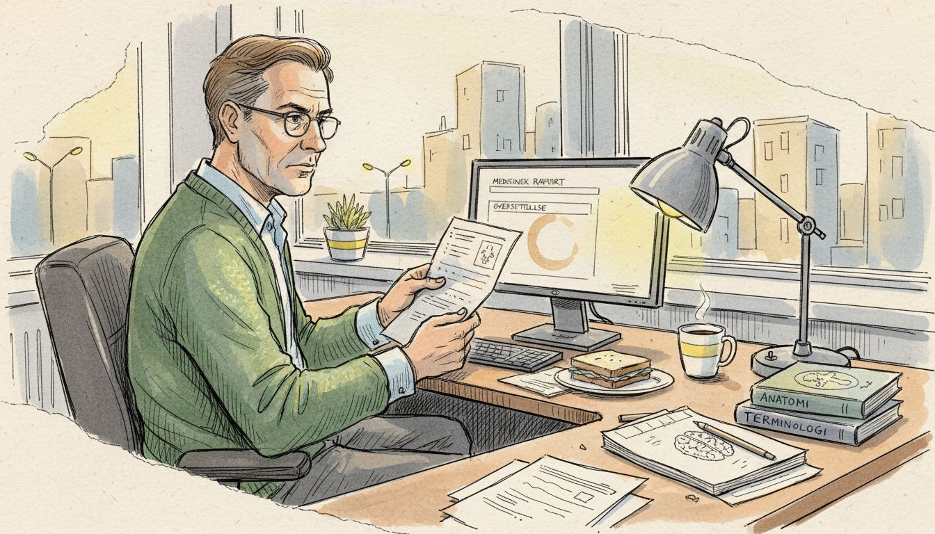 En medisinsk oversetter sitter fordypet i dokumentgjennomgang ved skrivebordet sitt i hjørnet.