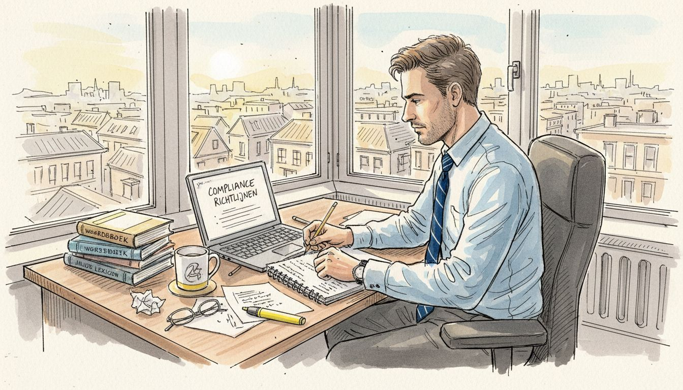 Compliance specialist tussen stapels papier en een rommelig bureau