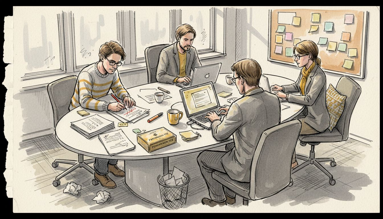 Käännöstiimi työskentelee yhdessä yhteisessä toimistossa.