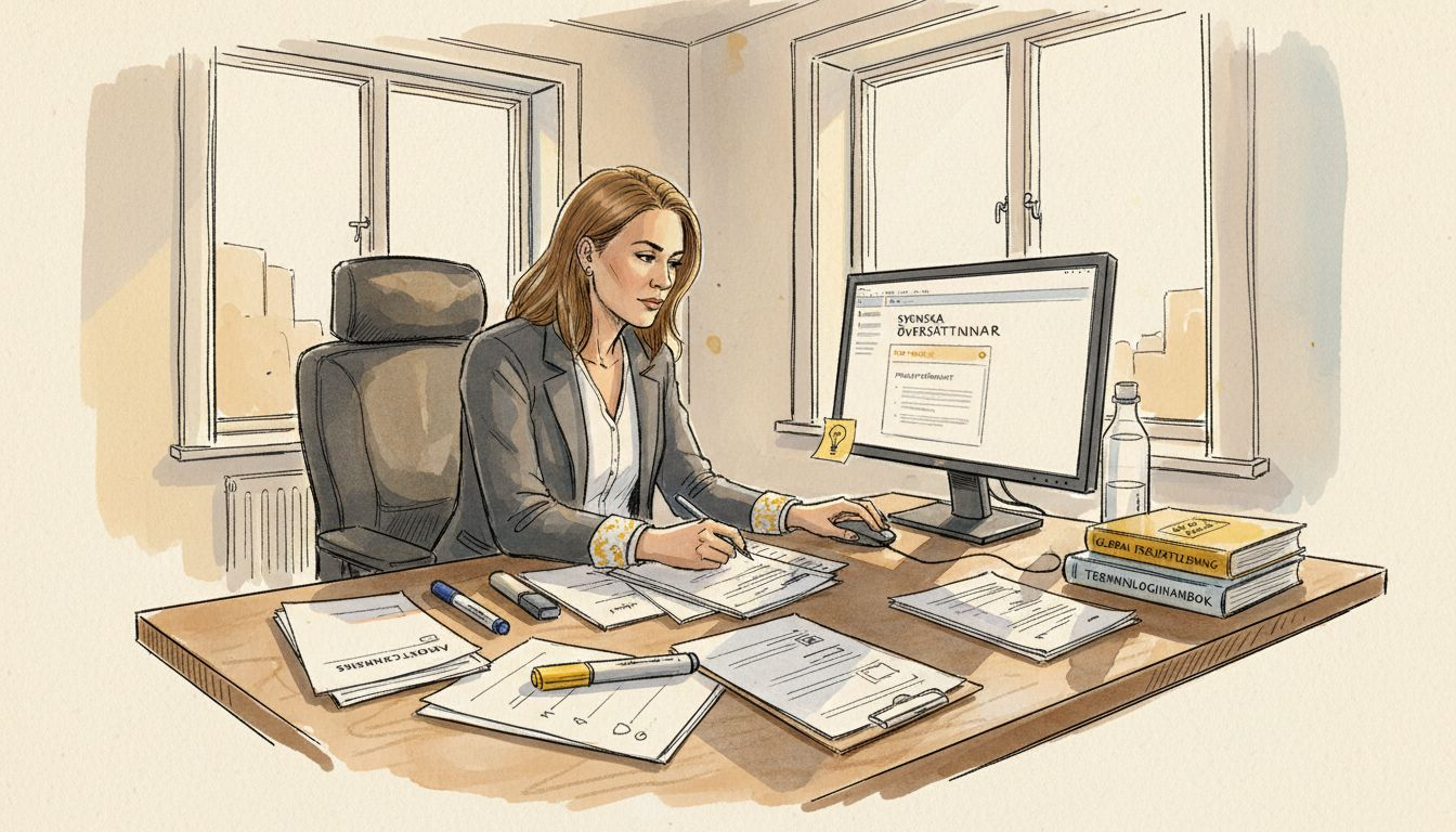 Projektledaren går igenom översättningsdokument vid sitt skrivbord.