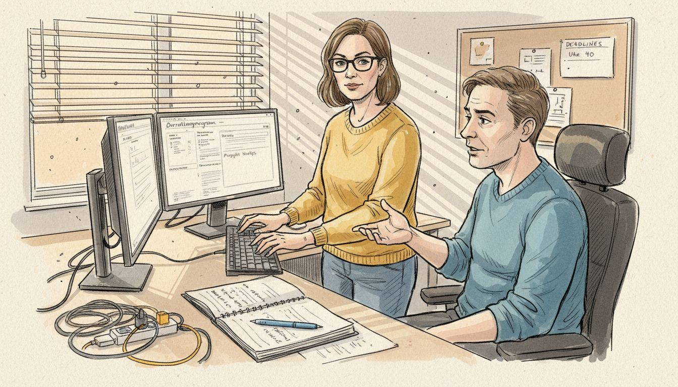 Leder finjusterer innstillingene på oversettelsesverktøyet ved skrivebordet.