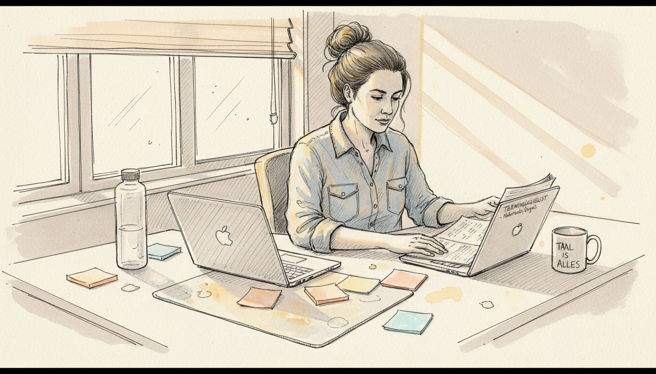 Op kantoor houdt de taalkundige zich bezig met het bijhouden van de terminologiedatabase.